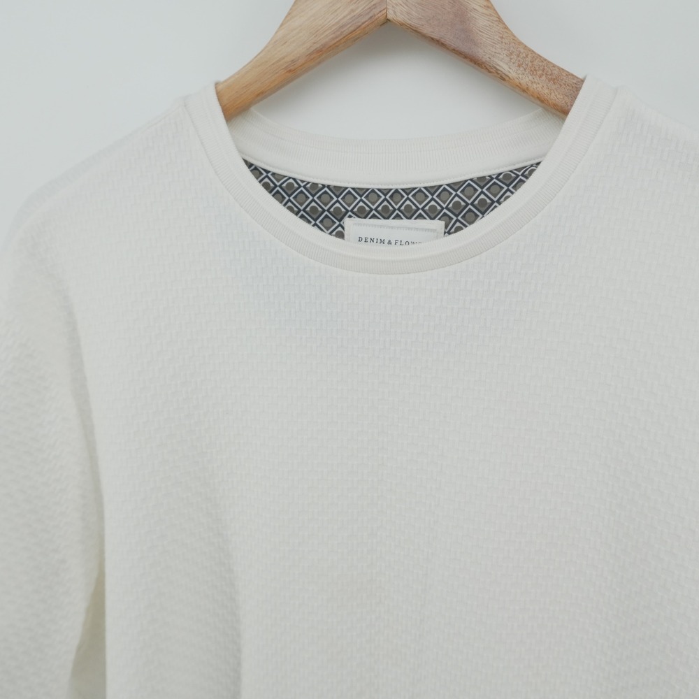Denim & Flower Ricky Singh T-Shirt Mens Large White Textured Waffle Knit Crew